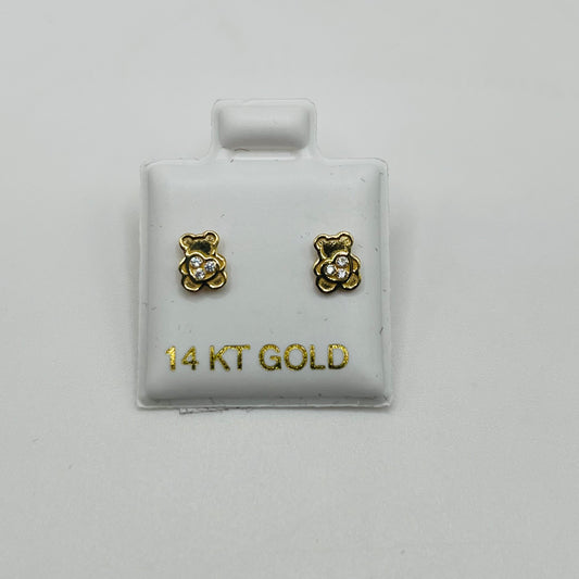 14k Gold Baby Teddy Bear Heart Cz Earrings