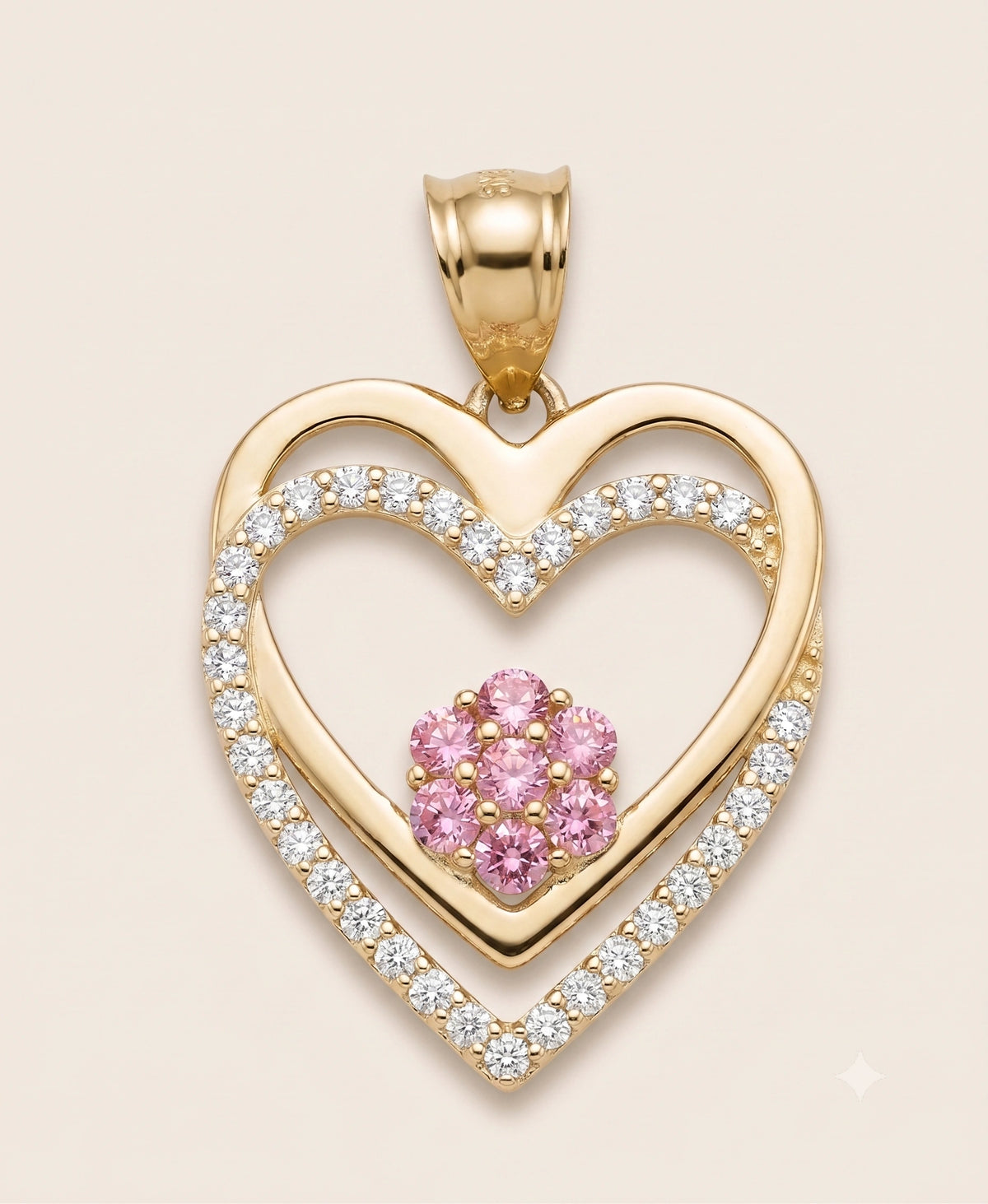 10K Gold Double Heart Charm with Pink Flower