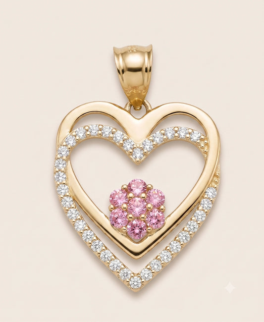 10K Gold Double Heart Charm with Pink Flower