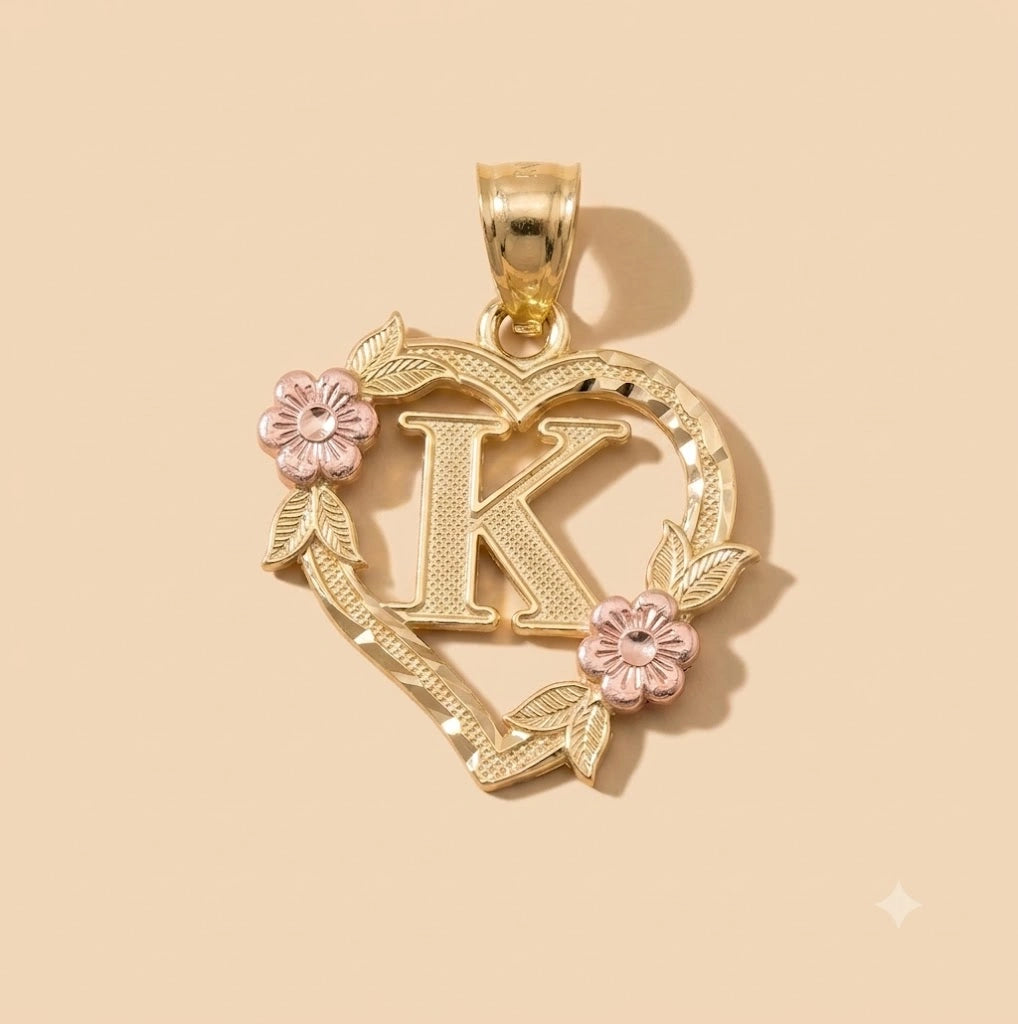 10K Gold Heart Initial Charm with Roses