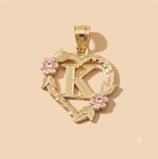 10K Gold Heart Initial Charm with Roses