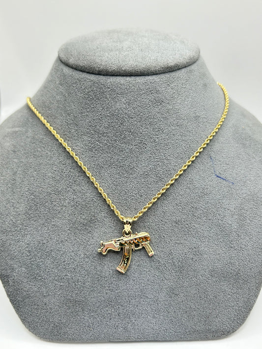 10k Gold Double sided Small Gun Charm plus Rope chain Set