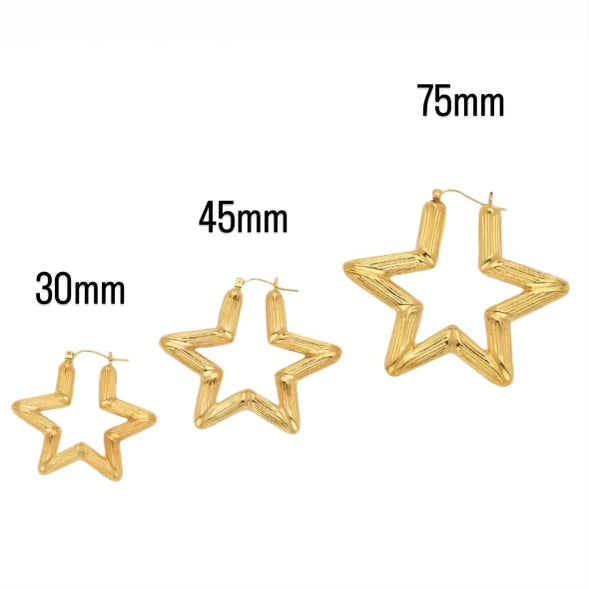 10K Gold Star Bamboo Hoop Earrings (75mm)