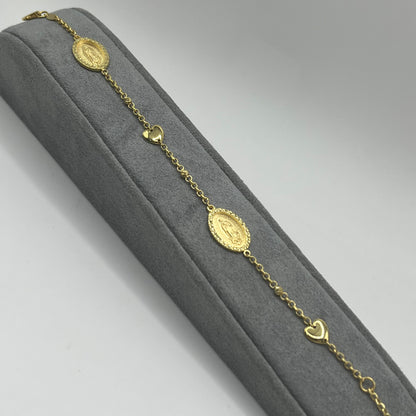 10k Gold Designer Bracelet - Virgin Mary and Hearts