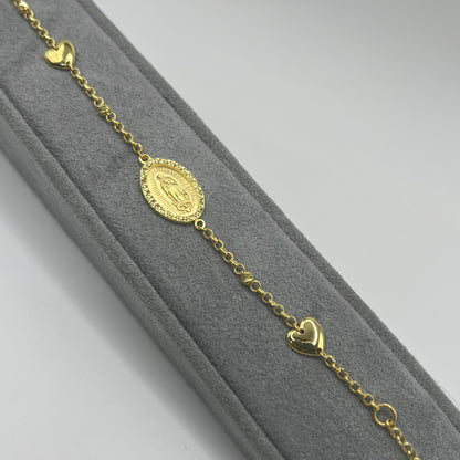 10k Gold Designer Bracelet - Virgin Mary and Hearts