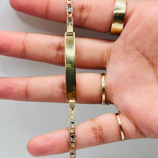 14K GOLD ID Bracelet - full solid Tri Color Valentino link (3.3mm)