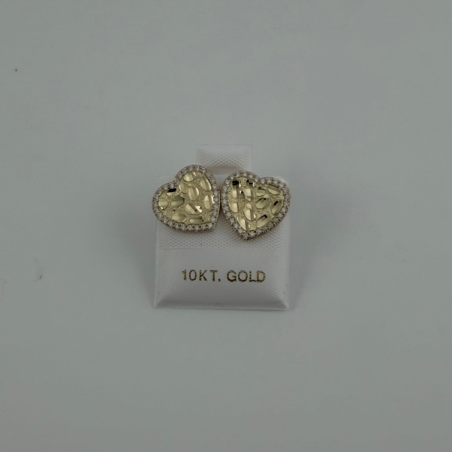 10k Gold Flat Heart Nugget Cz Border Earrings