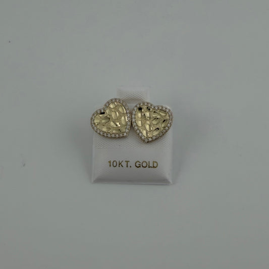 10k Gold Flat Heart Nugget Cz Border Earrings