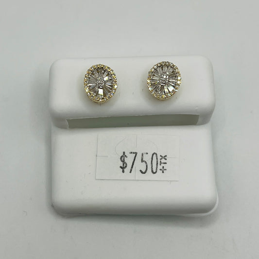 14k Gold Natural Diamond Oval Baguette Earrings (Screwbacks)