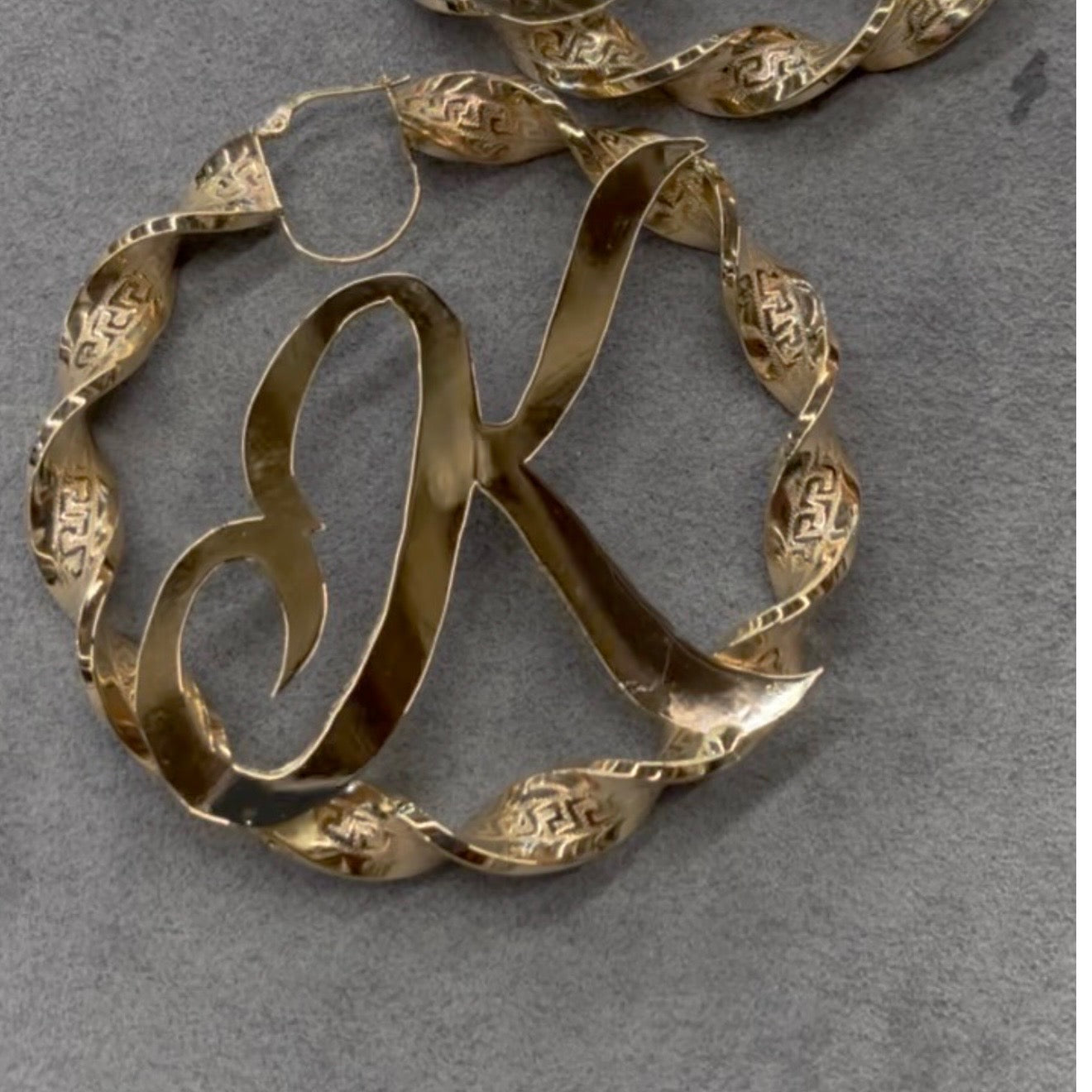 10K Gold 3.3mm Twist Hoops (1.7" diameter) with Custom Initial