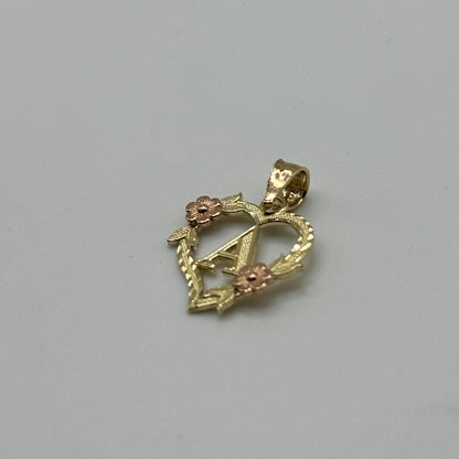 14K Gold Heart Initial Charm with Roses