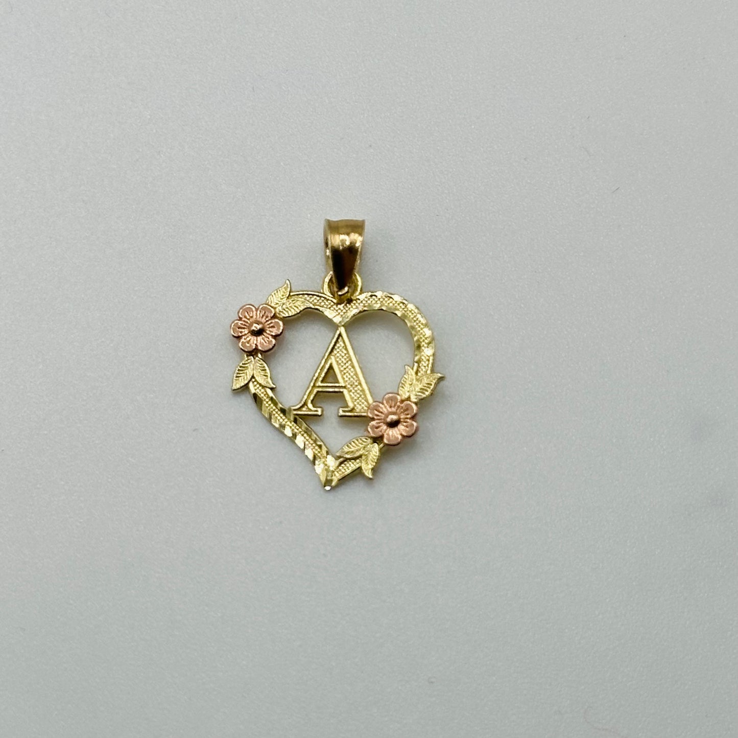 14K Gold Heart Initial Charm with Roses