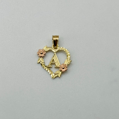 14K Gold Heart Initial Charm with Roses