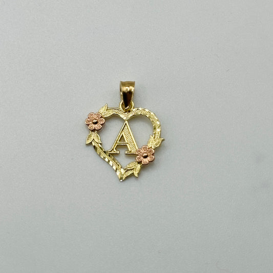 14K Gold Heart Initial Charm with Roses