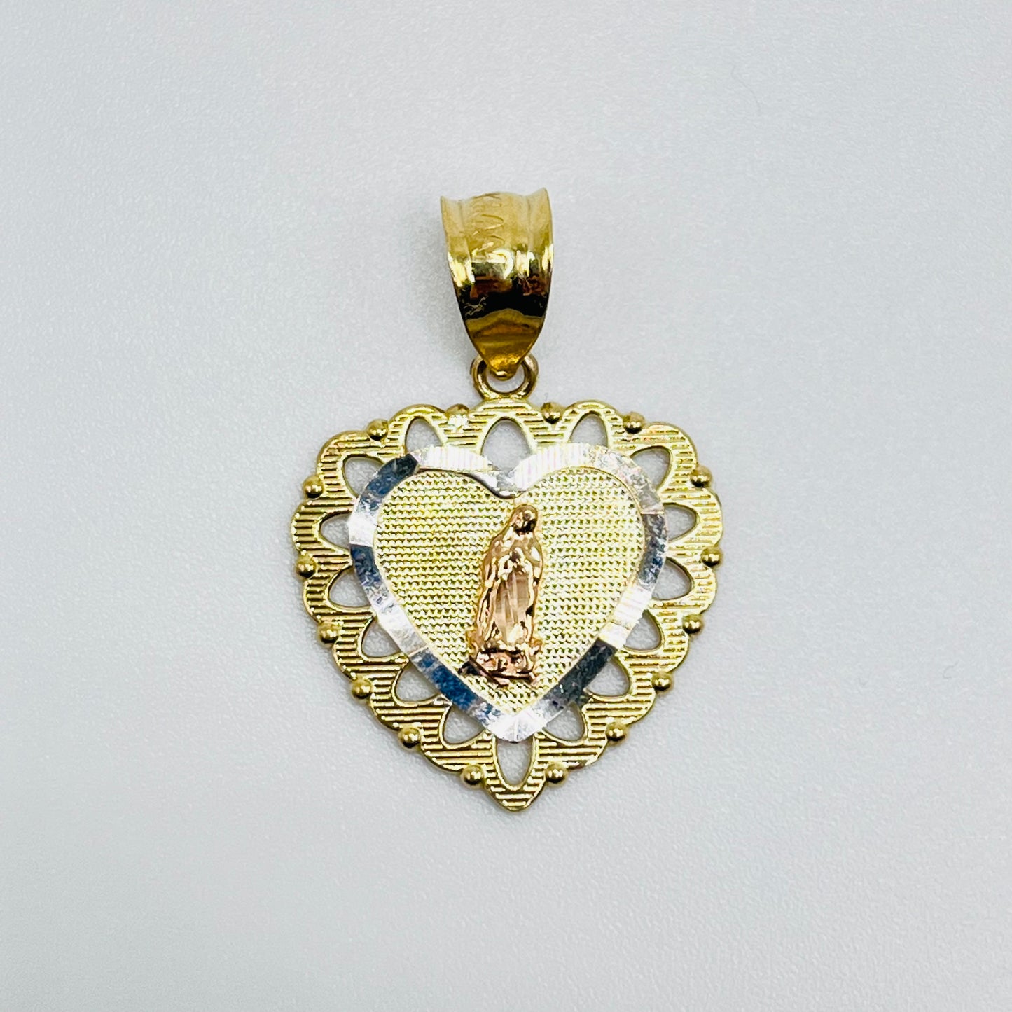 14K Gold Tricolor Virgin Mary Heart Charm