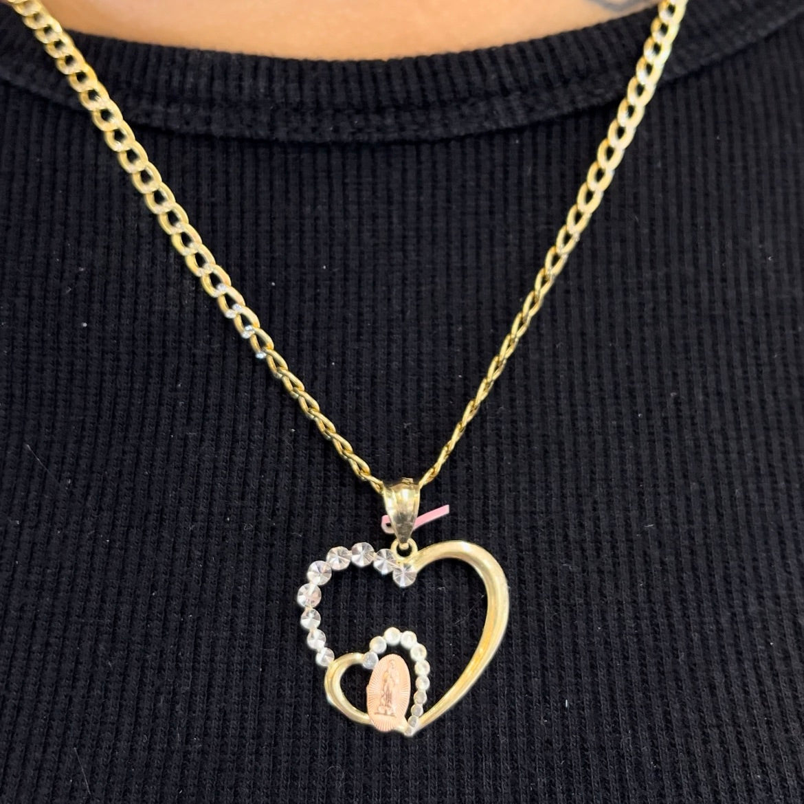 14K Gold Tri Color Virgin Mary Heart Charm