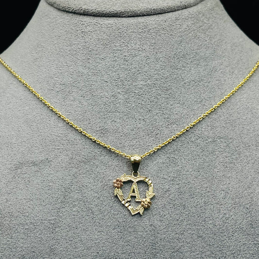 10K Gold Heart with Roses Initial Charm with Rolo Chain