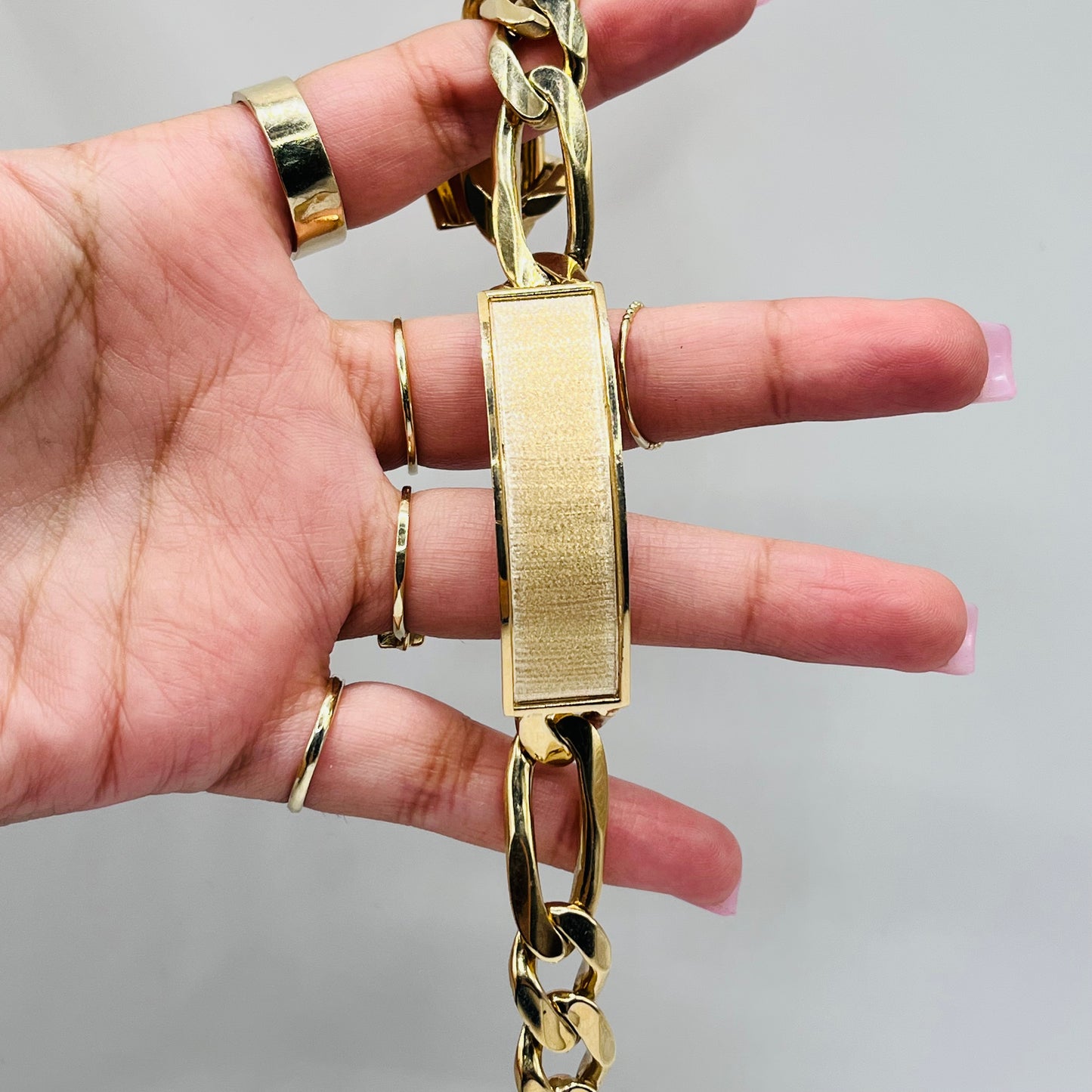 14K Gold Solid Figaro ID Bracelet