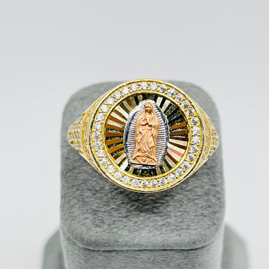 10K Gold Tri-Color Mens Virgin Mary Ring