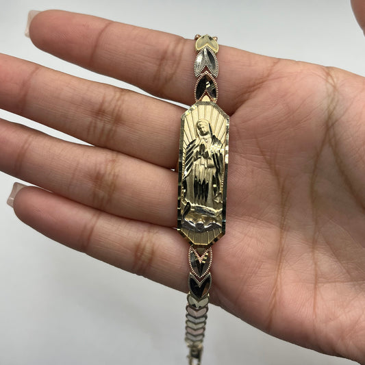 14K Gold 6mm Tri-Color Virgin Mary Heart Bracelet