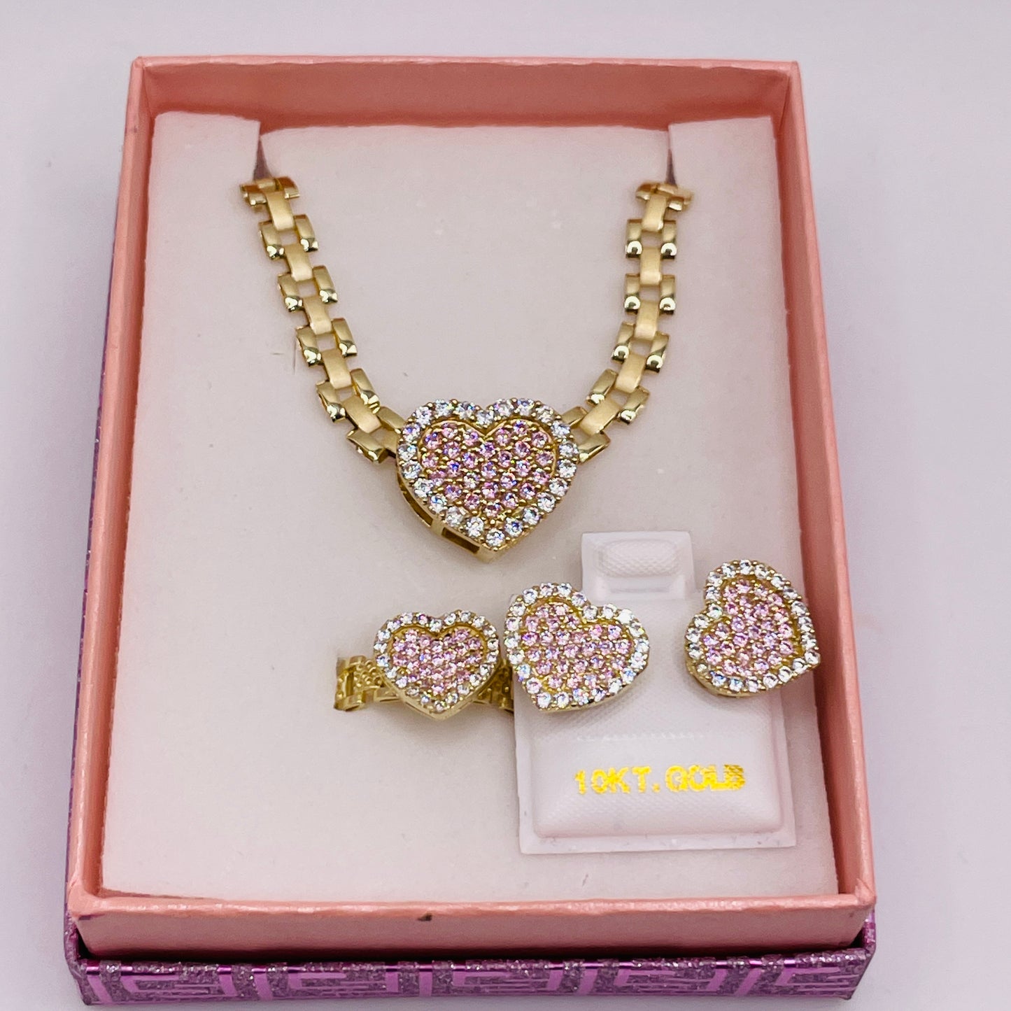 10K Gold Pink Heart RX Chain Set (5mm chain)