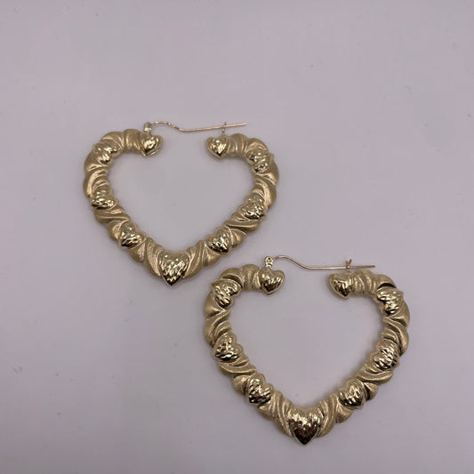 10K Gold Bamboo Heart Hoop Earrings (1.9")