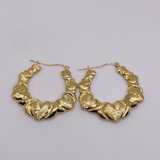 10K Gold Fancy Heart Hoop Earrings (1.5")