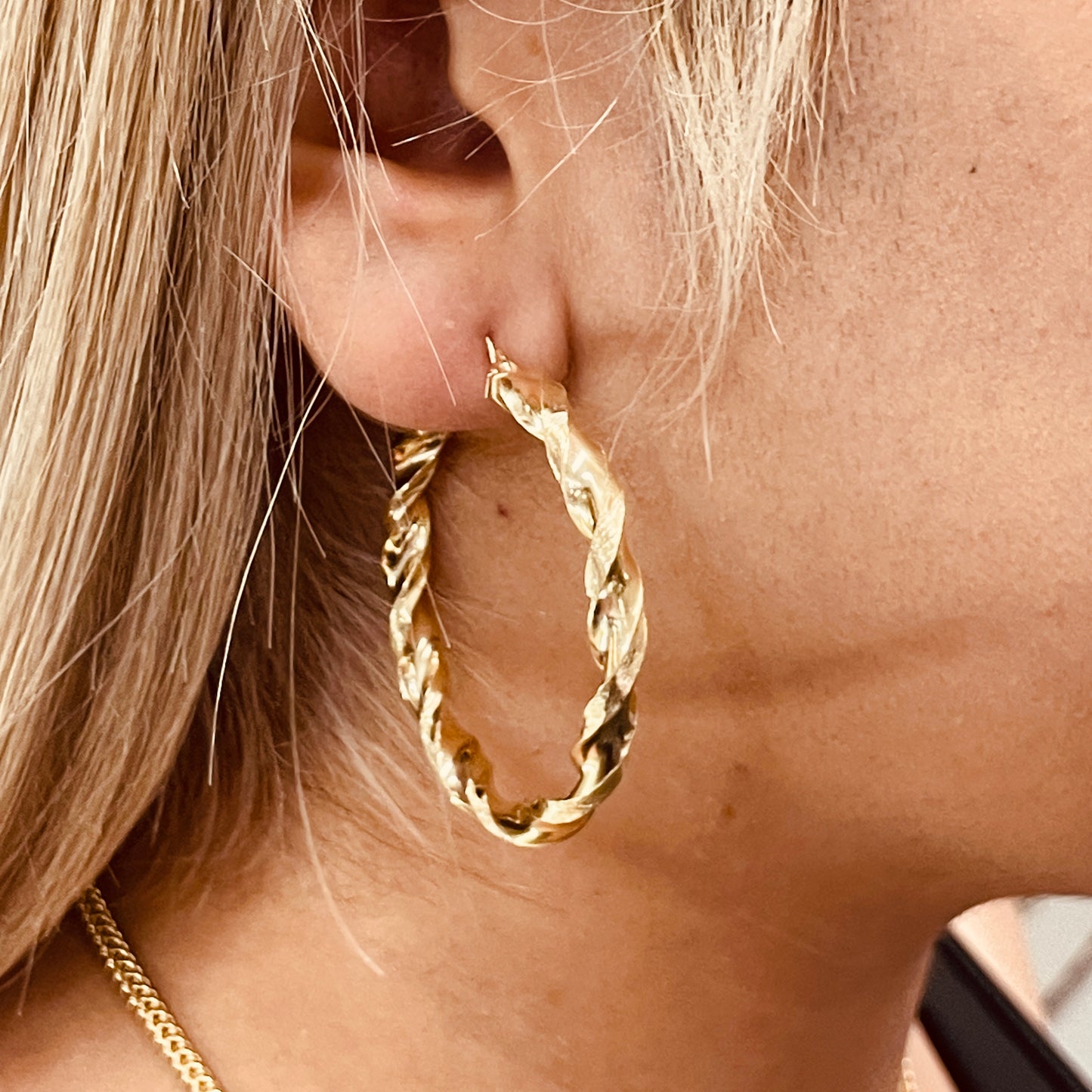 10K Gold Twist Hoop Earrings (1.3")