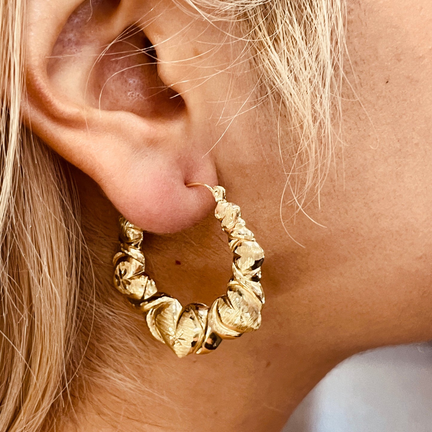 10K Gold Fancy Heart Hoop Earrings | Diameter: 1.3"