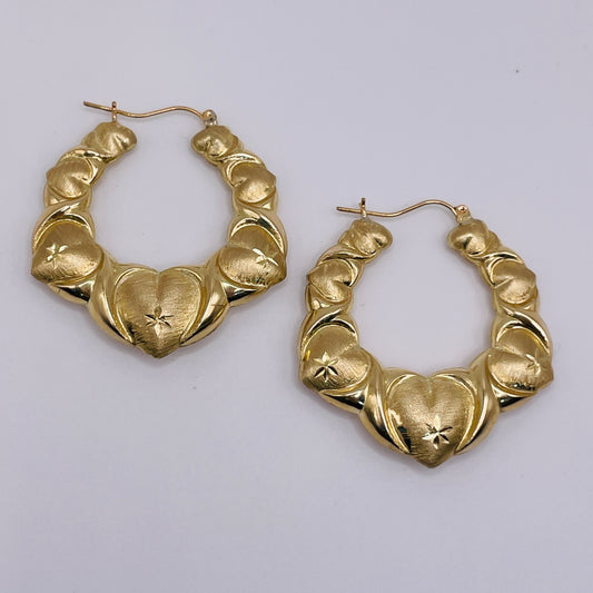 10K Gold Fancy Heart Hoop Earrings (1.8")