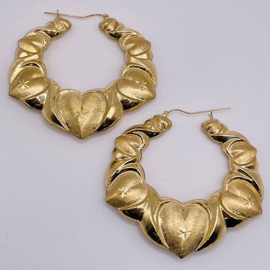 10K Gold Fancy Heart Hoop Earrings (3")