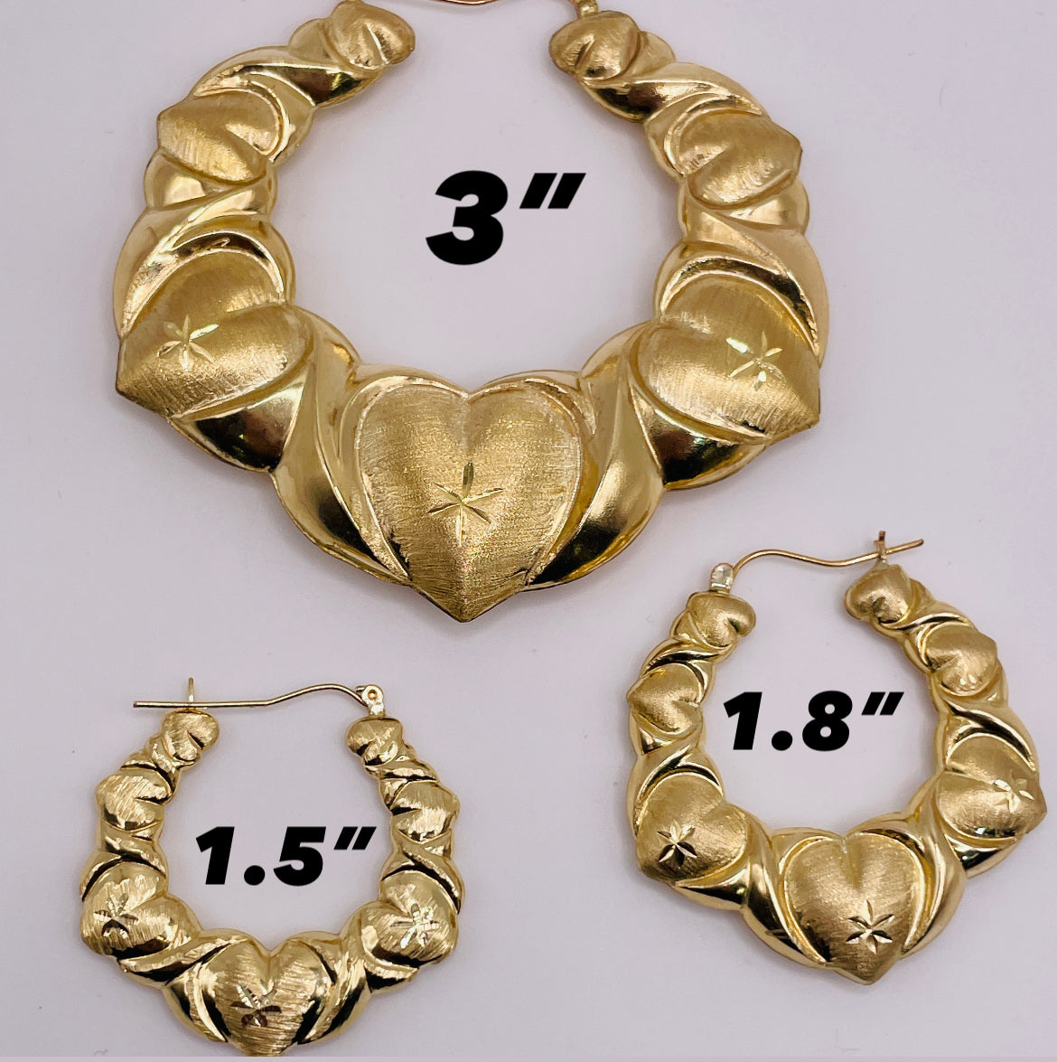 10K Gold Fancy Heart Hoop Earrings (1.5")