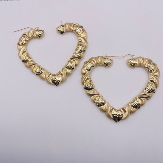 10K Gold Bamboo Heart Hoop Earrings (3")