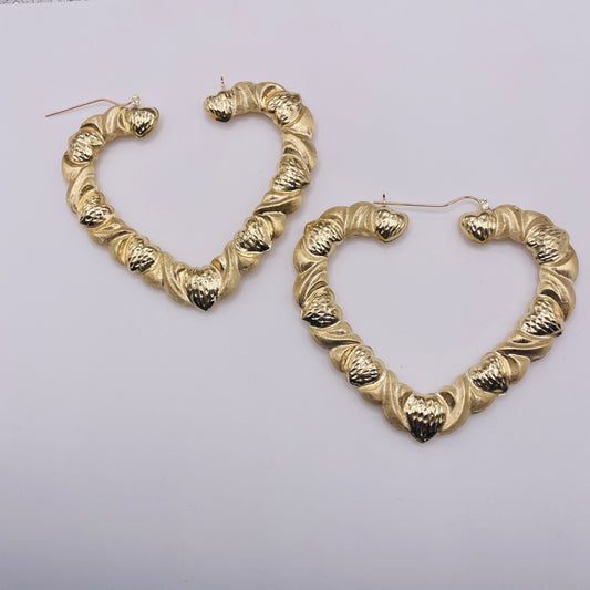 10K Gold Hearts Pattern Hoop Earrings (3")