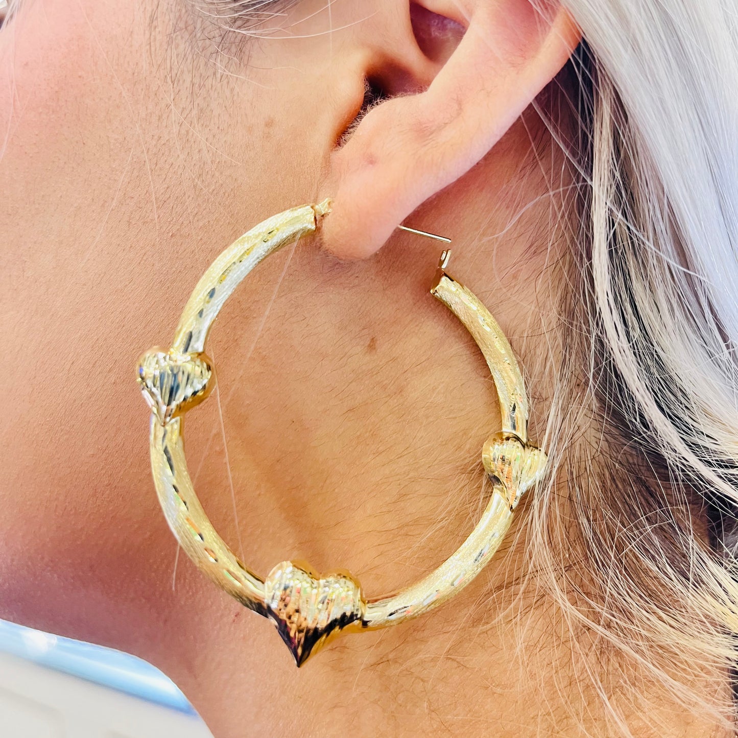 10K Gold Triple Heart Hoop earrings ( 2")