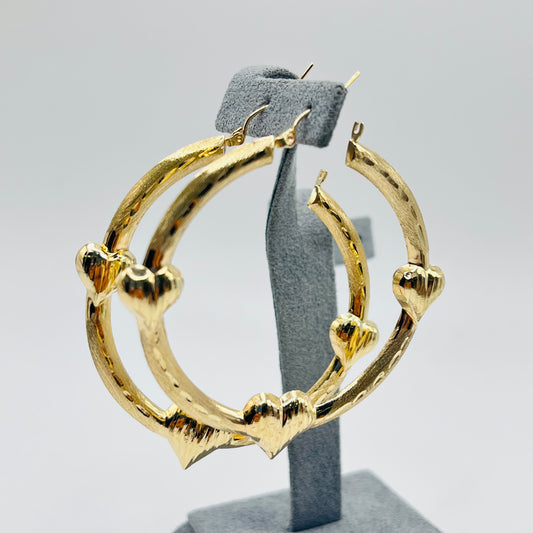 10K Gold Triple Heart Hoop earrings ( 2")