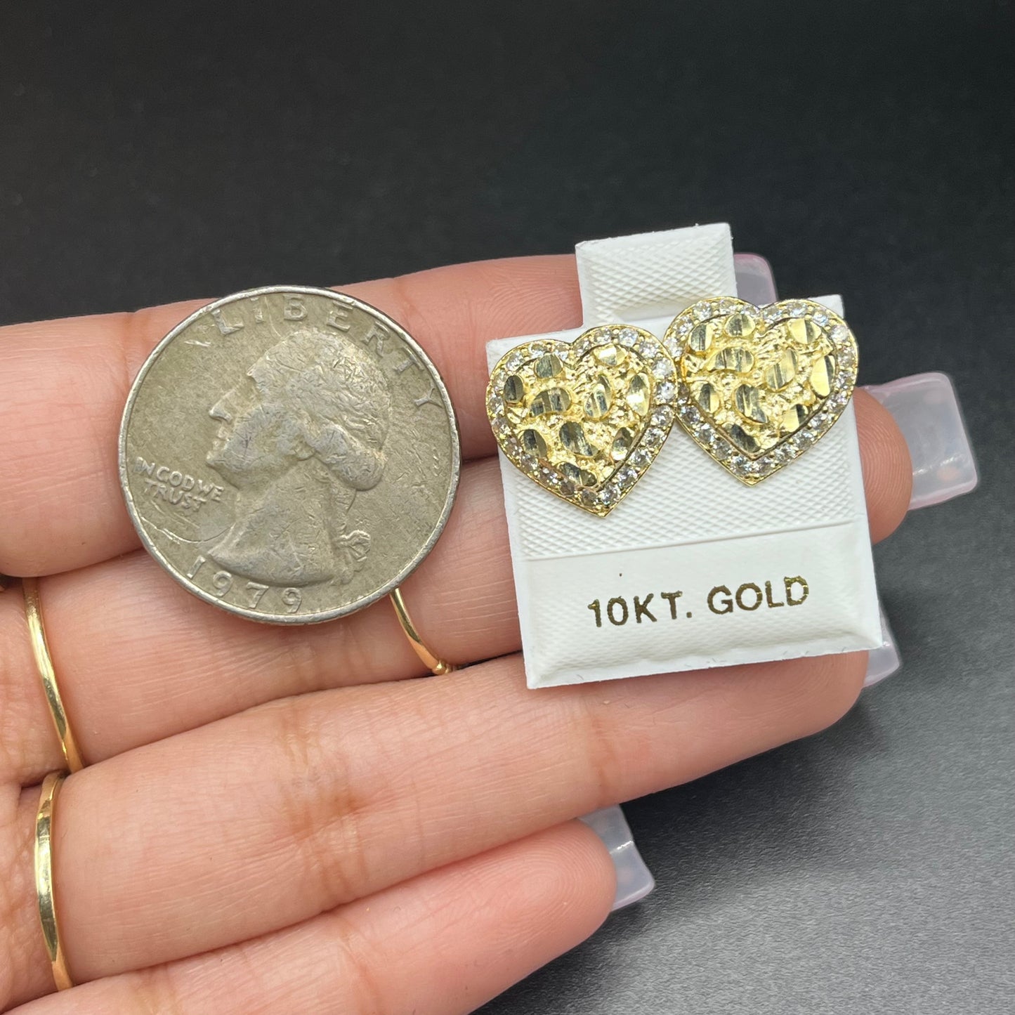 10K Gold Heart Nugget Earrings with CZ Border