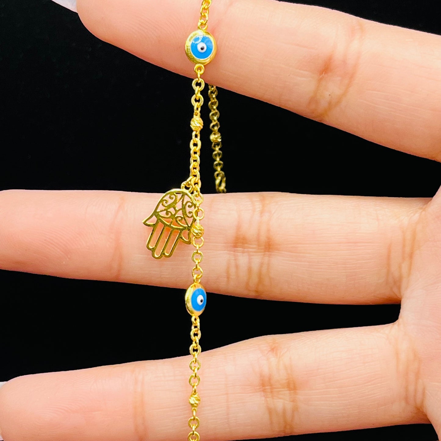 10K Gold Designer Bracelet - Blue Evil Eye with Hamsa Charm