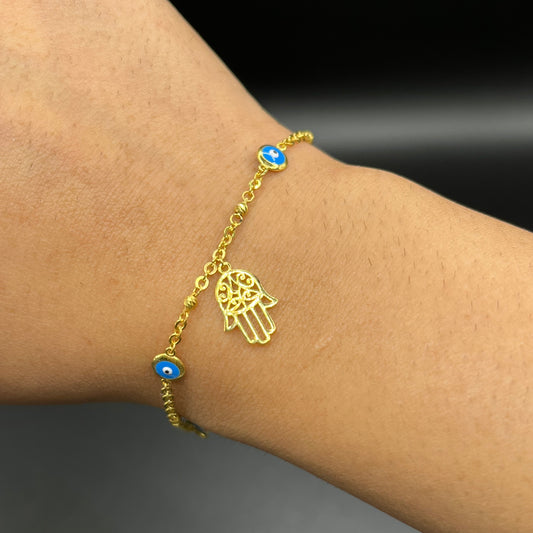 10K Gold Designer Bracelet - Blue Evil Eye with Hamsa Charm