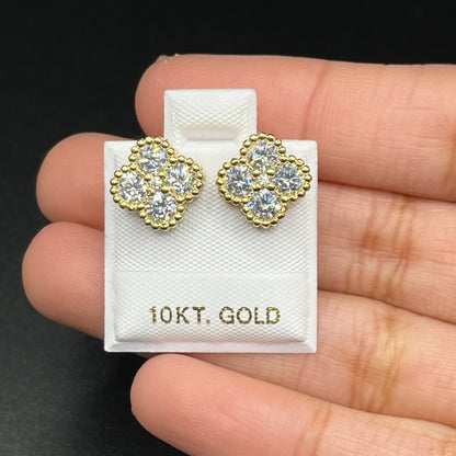 10K Gold White Clover CZ Earrings | Face Size: 9mm