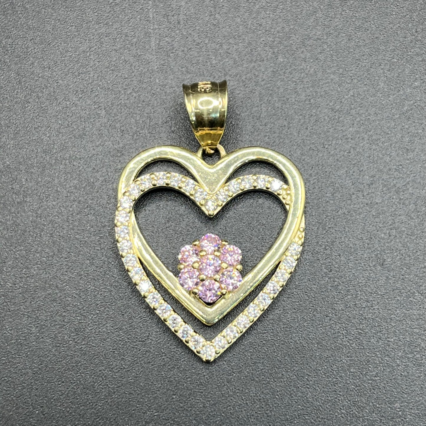 10K Gold Double Heart Charm with Pink Flower