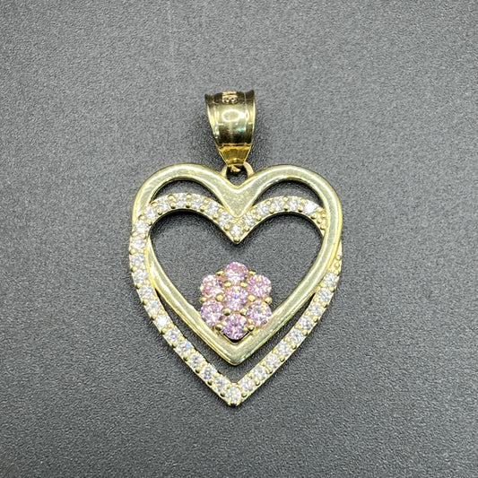 10K Gold Double Heart Charm with Pink Flower