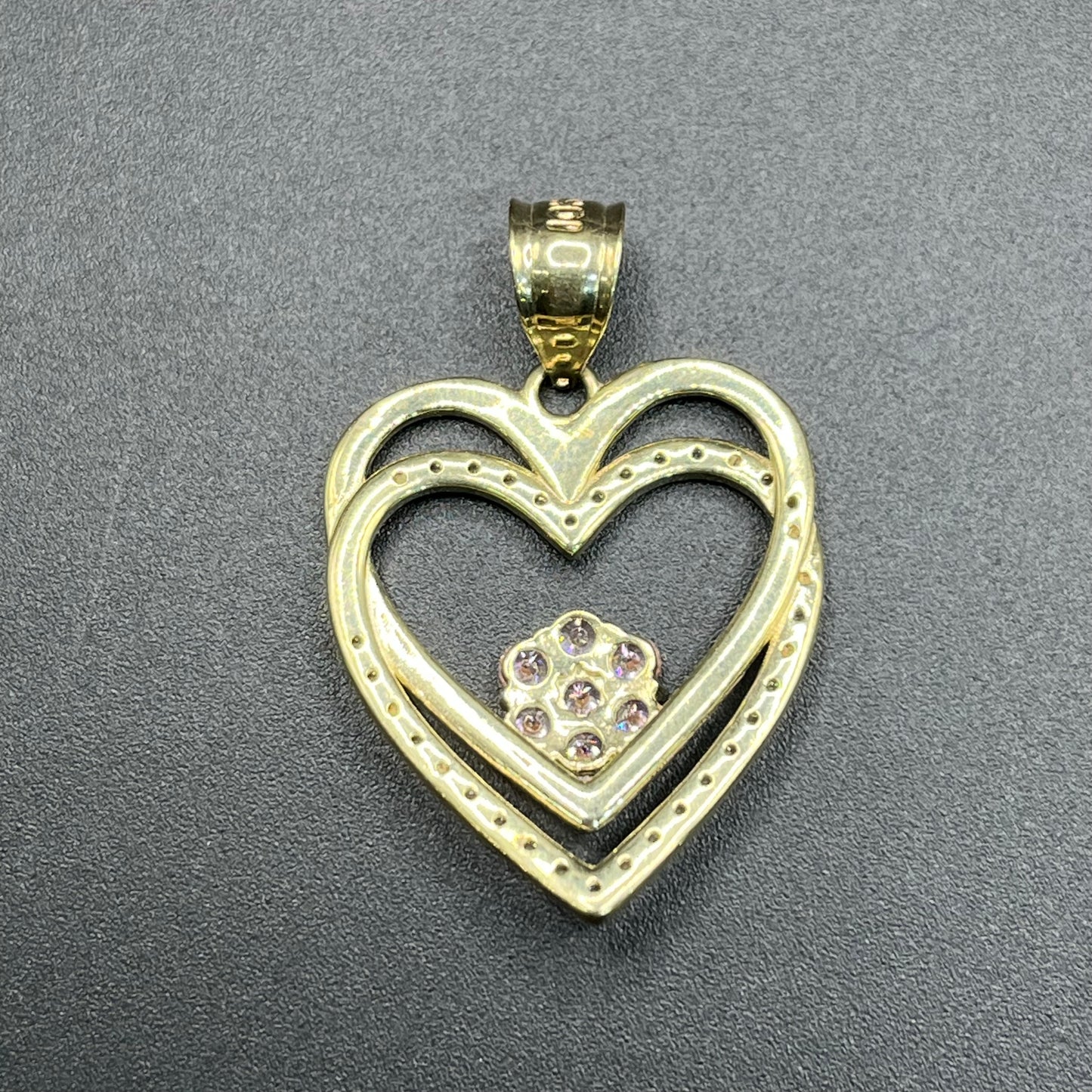 10K Gold Double Heart Charm with Pink Flower