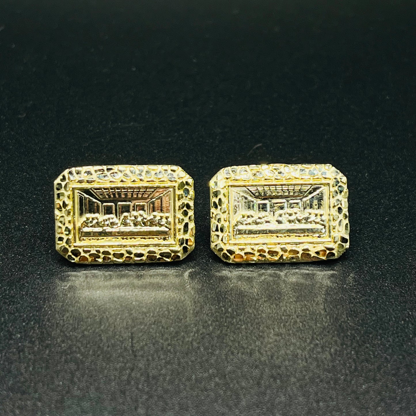 10K Gold Square Nugget Last Supper Earrings