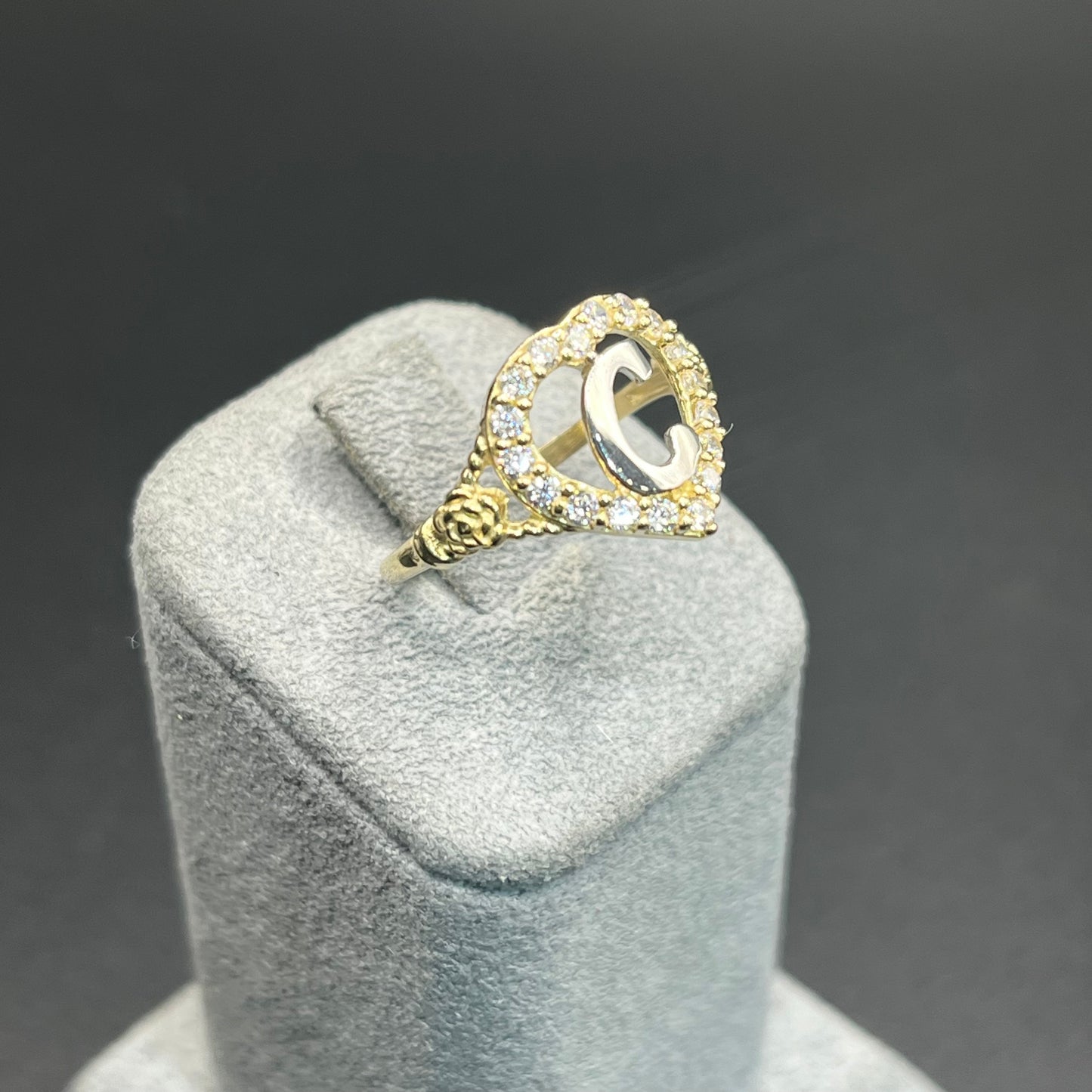 10K Gold CZ Heart Initial Ring