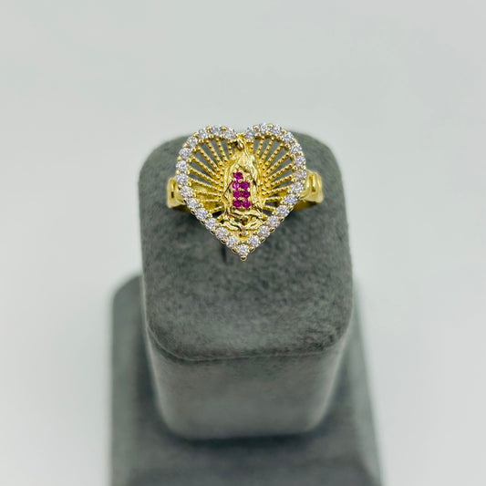 14K Gold Virgin Mary Heart Ring with Ruby and White Cubics