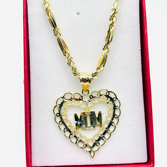 10K GOLD MILANO CHAIN AND MOM HEART CHARM