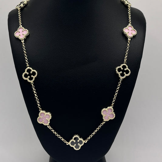 10K Gold Pink and Black Clover Necklace