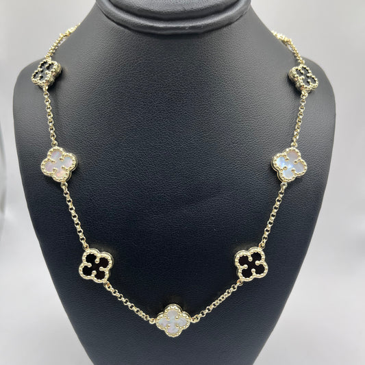 10K Gold Black and White Clover Necklace