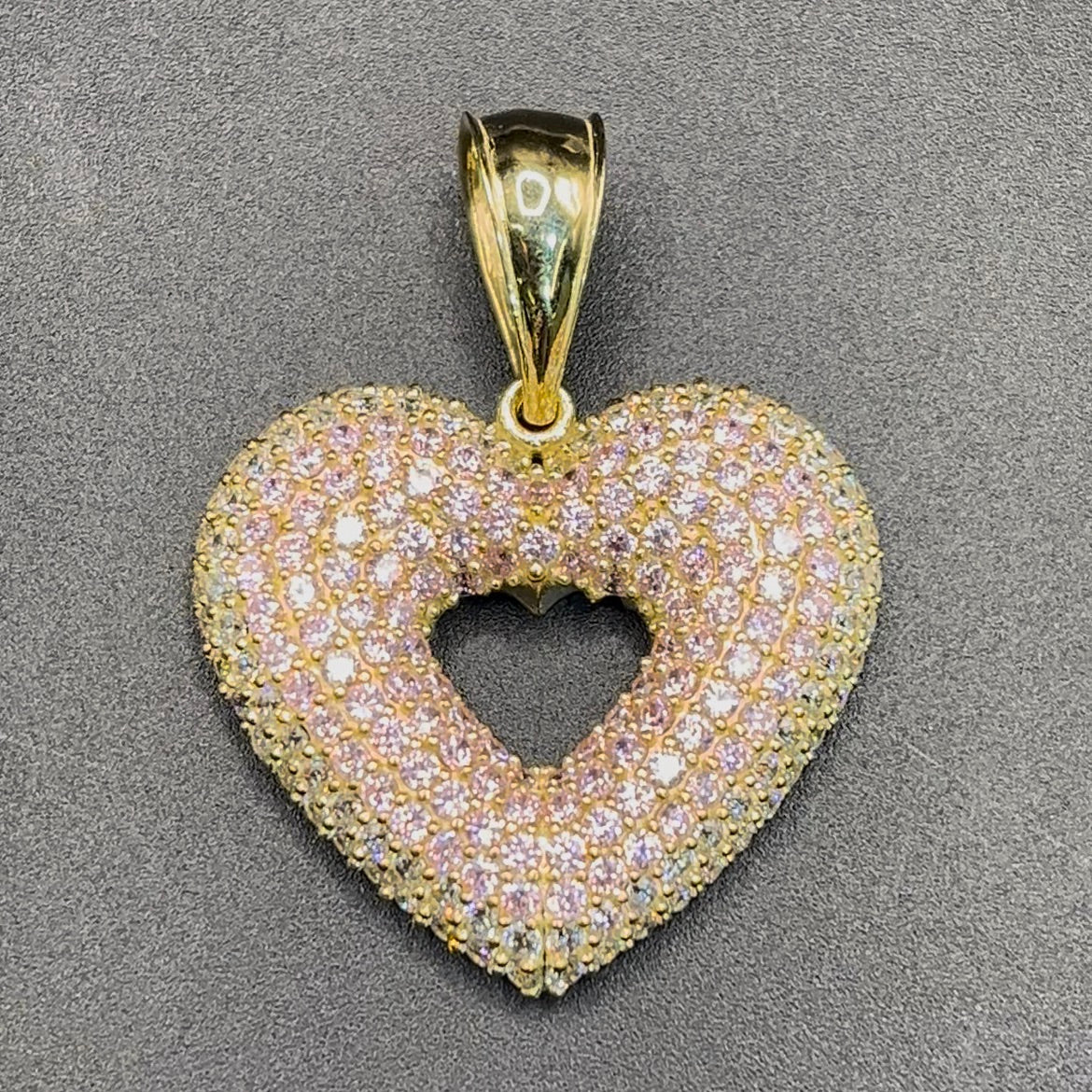 10K Gold Open Heart Pink and White CZ Charm